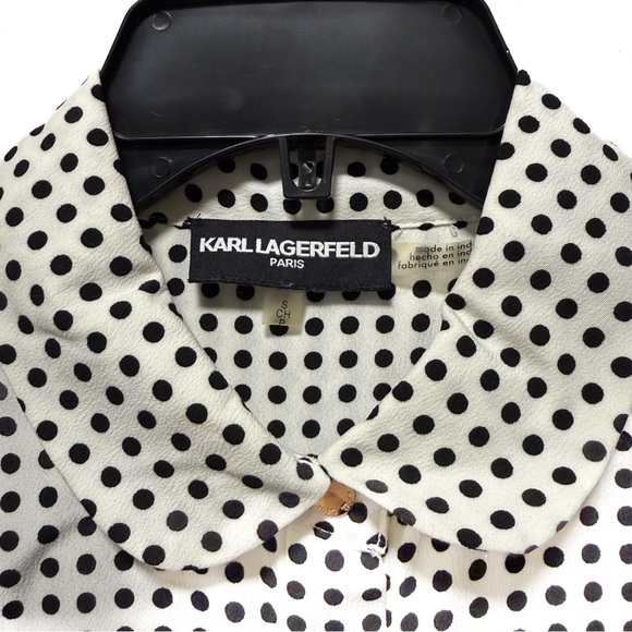 Karl Lagerfeld Paris Polka Dot Tie-Neck Blouse - Black & White Colorblock - S - Picture 6 of 8